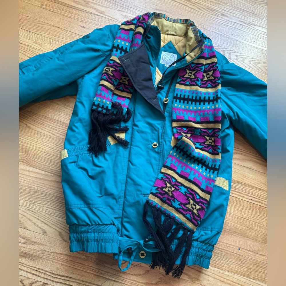 Teal Jacket with Colorful Scarf
